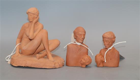 A terracotta model of a seated nude by Eric Griffiths and two similar double busts